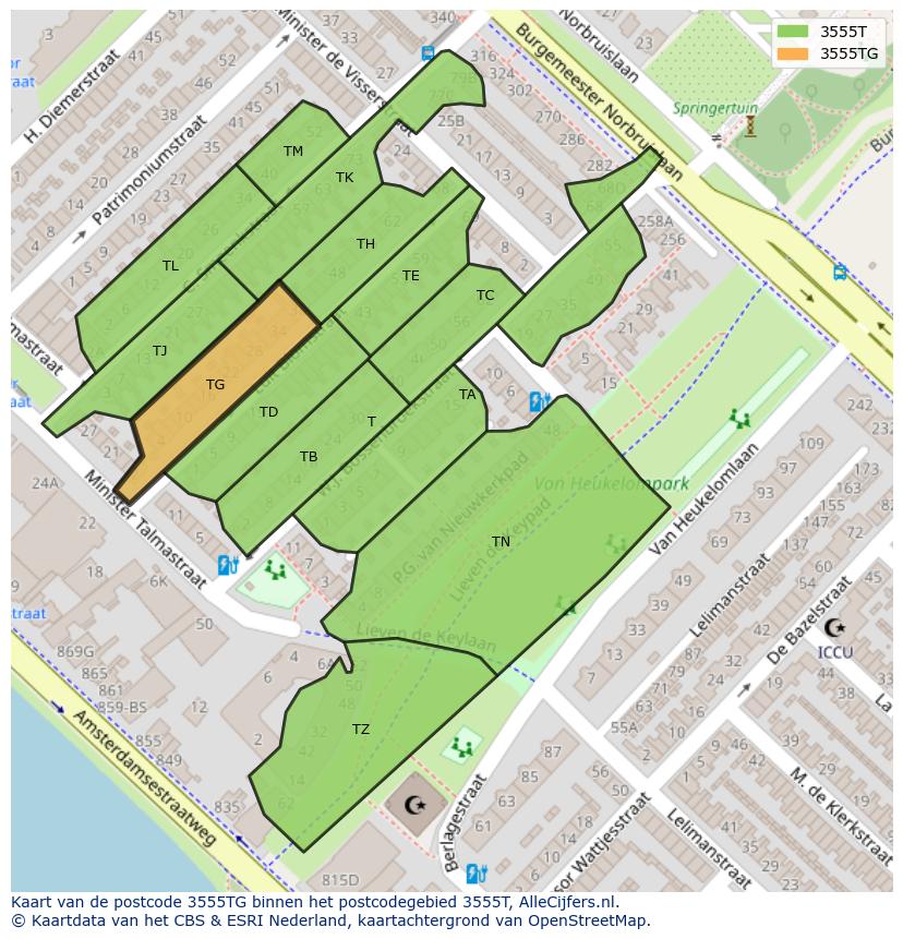 Afbeelding van het postcodegebied 3555 TG op de kaart.