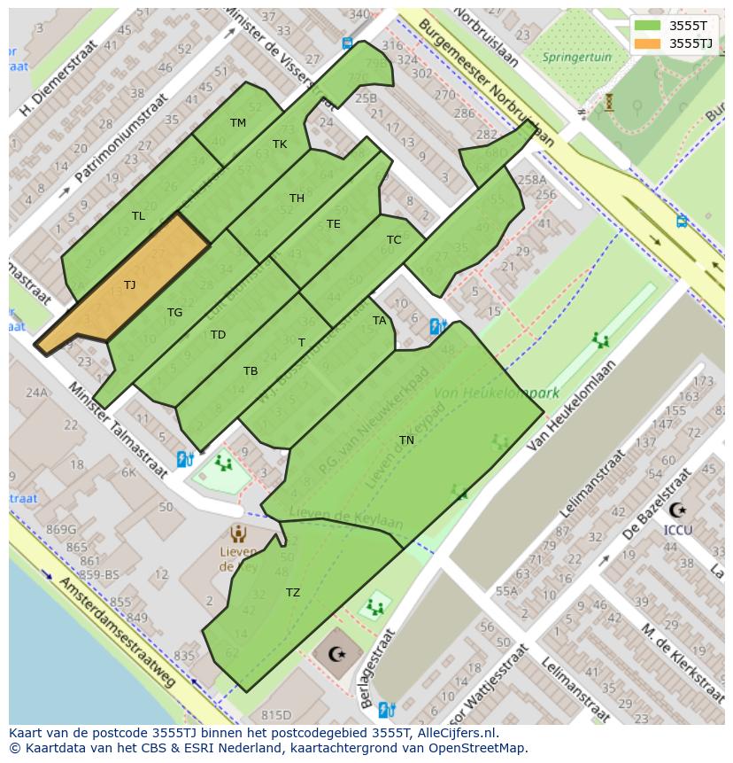 Afbeelding van het postcodegebied 3555 TJ op de kaart.