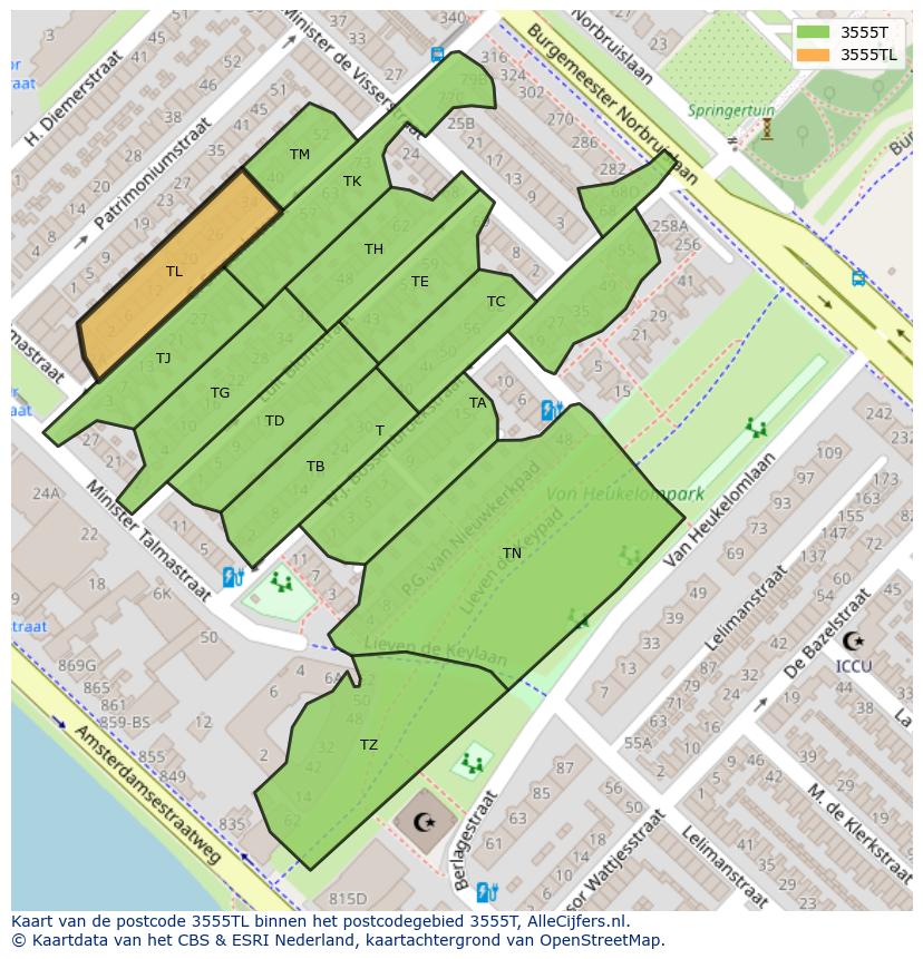 Afbeelding van het postcodegebied 3555 TL op de kaart.
