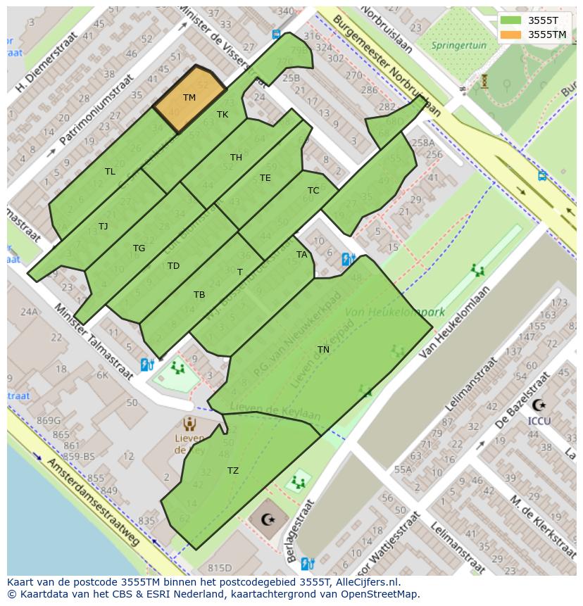 Afbeelding van het postcodegebied 3555 TM op de kaart.