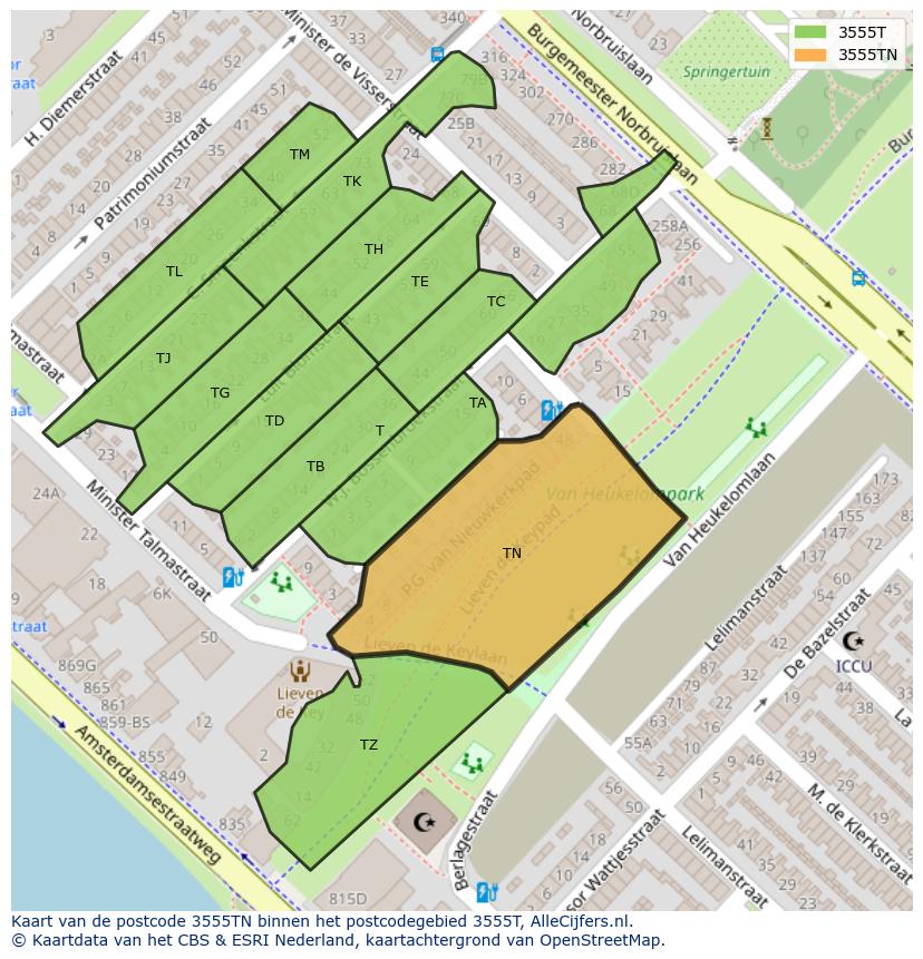 Afbeelding van het postcodegebied 3555 TN op de kaart.
