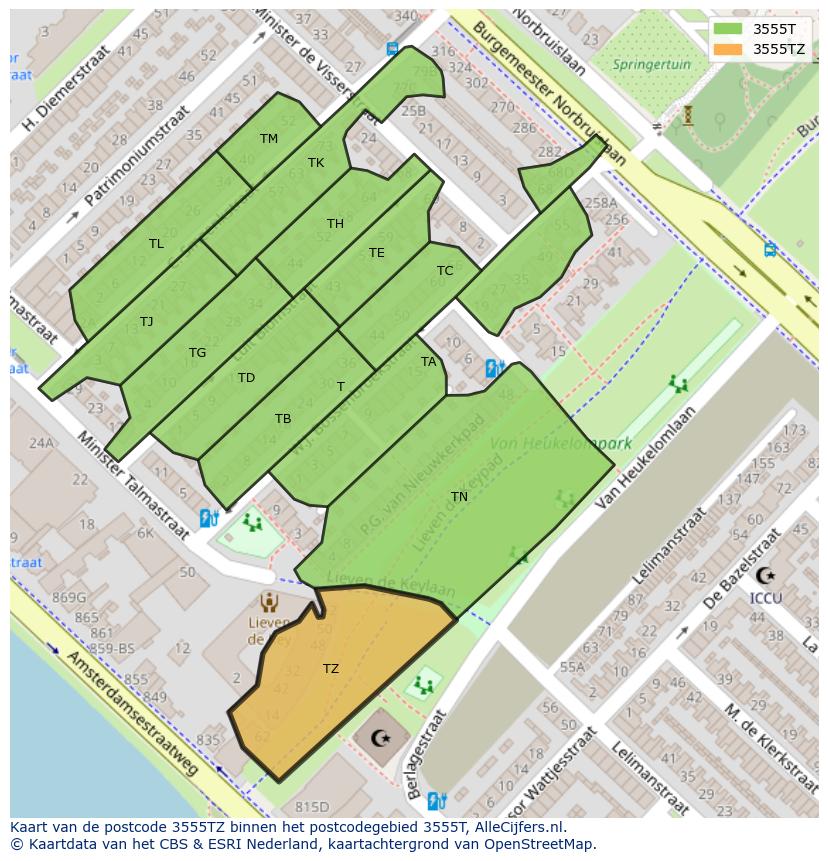 Afbeelding van het postcodegebied 3555 TZ op de kaart.