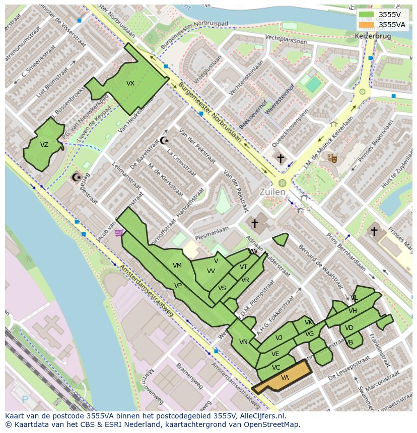 Afbeelding van het postcodegebied 3555 VA op de kaart.