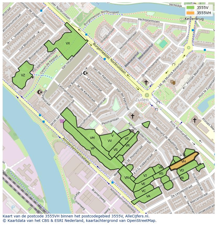 Afbeelding van het postcodegebied 3555 VH op de kaart.