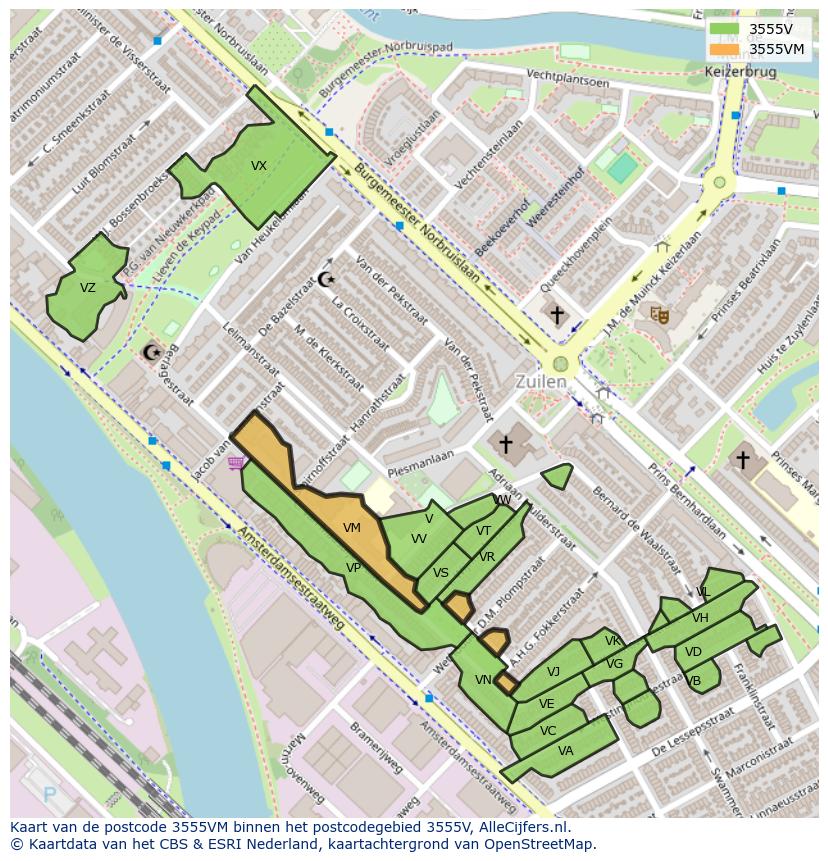 Afbeelding van het postcodegebied 3555 VM op de kaart.