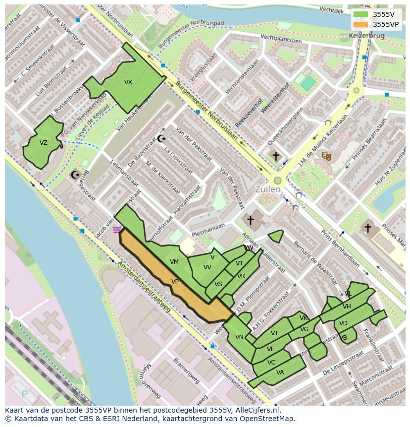 Afbeelding van het postcodegebied 3555 VP op de kaart.
