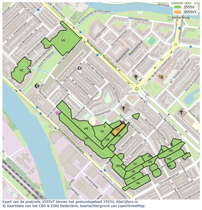 Afbeelding van het postcodegebied 3555 VT op de kaart.
