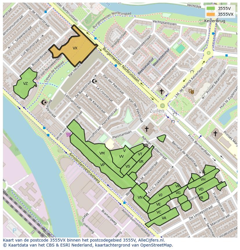 Afbeelding van het postcodegebied 3555 VX op de kaart.