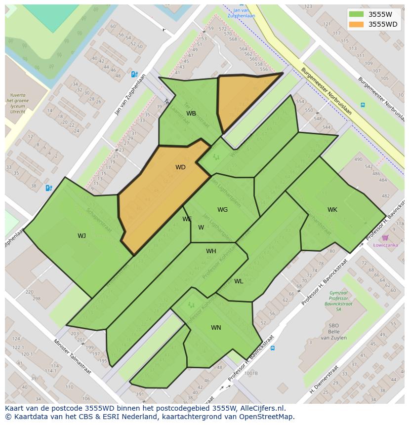 Afbeelding van het postcodegebied 3555 WD op de kaart.