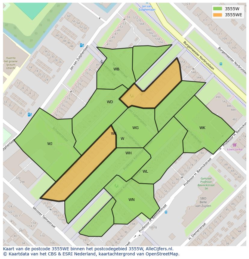 Afbeelding van het postcodegebied 3555 WE op de kaart.