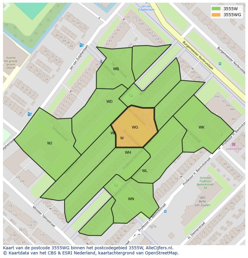 Afbeelding van het postcodegebied 3555 WG op de kaart.