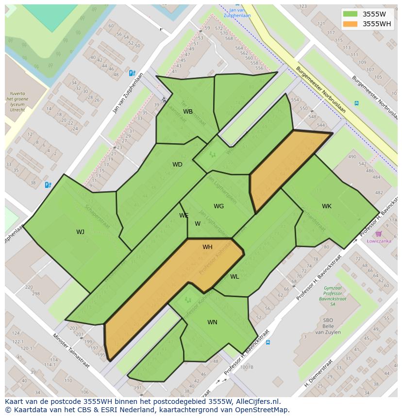 Afbeelding van het postcodegebied 3555 WH op de kaart.