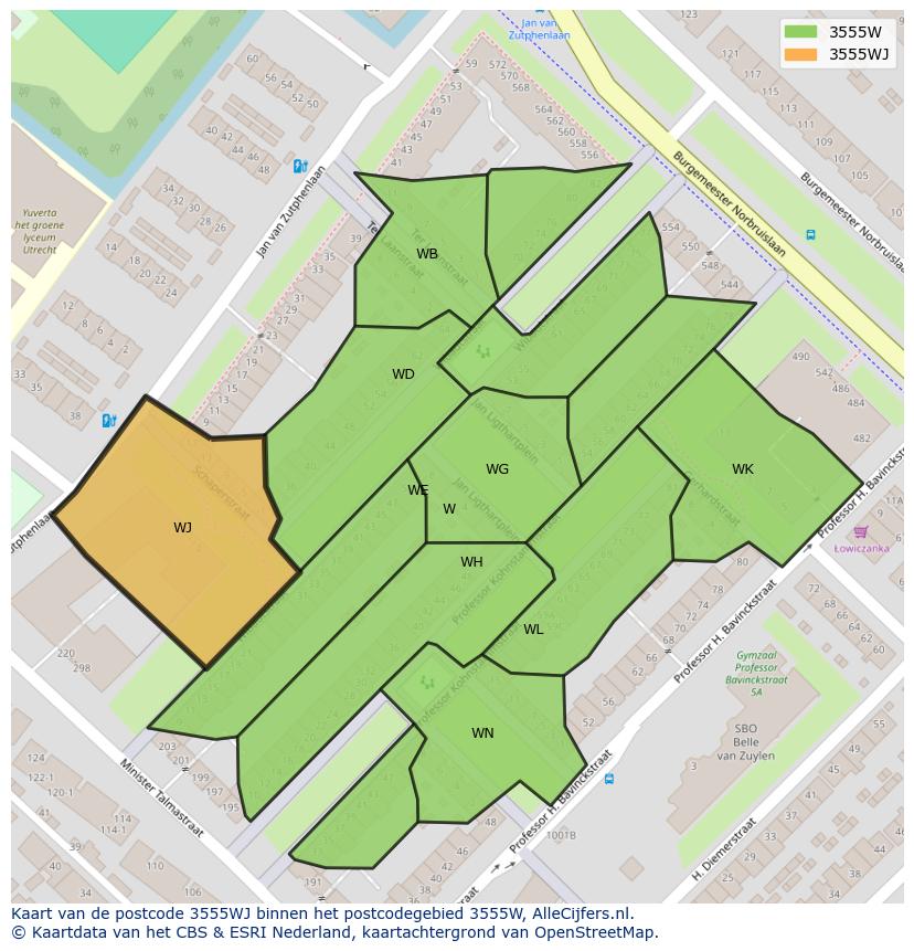 Afbeelding van het postcodegebied 3555 WJ op de kaart.