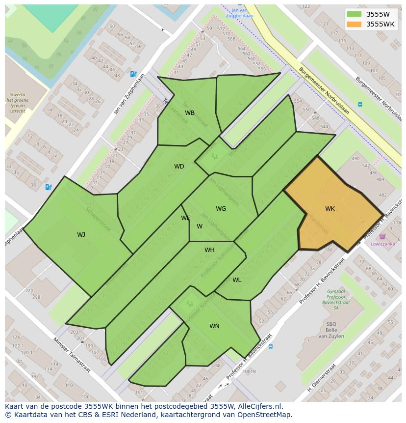 Afbeelding van het postcodegebied 3555 WK op de kaart.