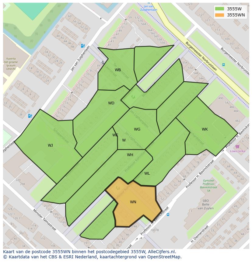 Afbeelding van het postcodegebied 3555 WN op de kaart.