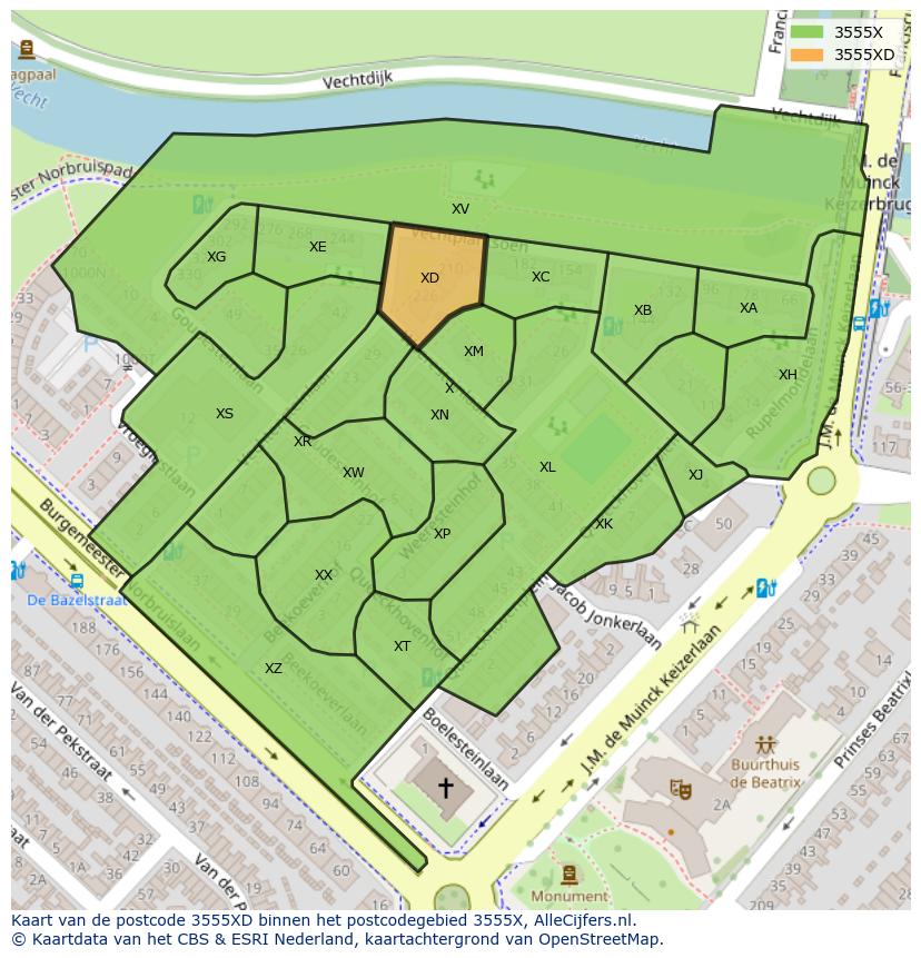 Afbeelding van het postcodegebied 3555 XD op de kaart.