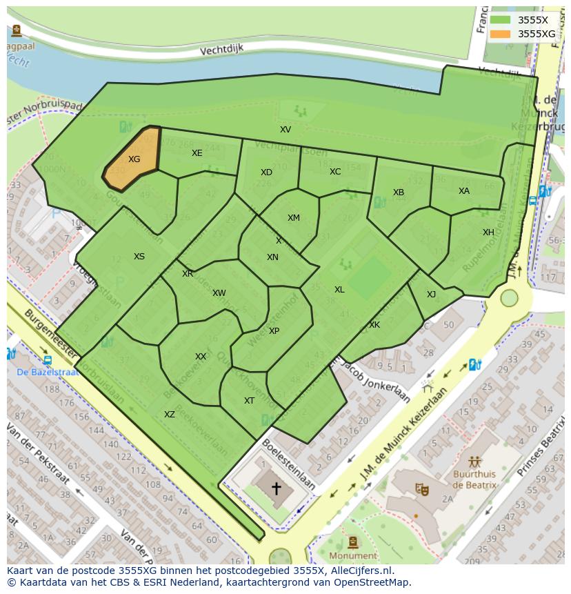 Afbeelding van het postcodegebied 3555 XG op de kaart.