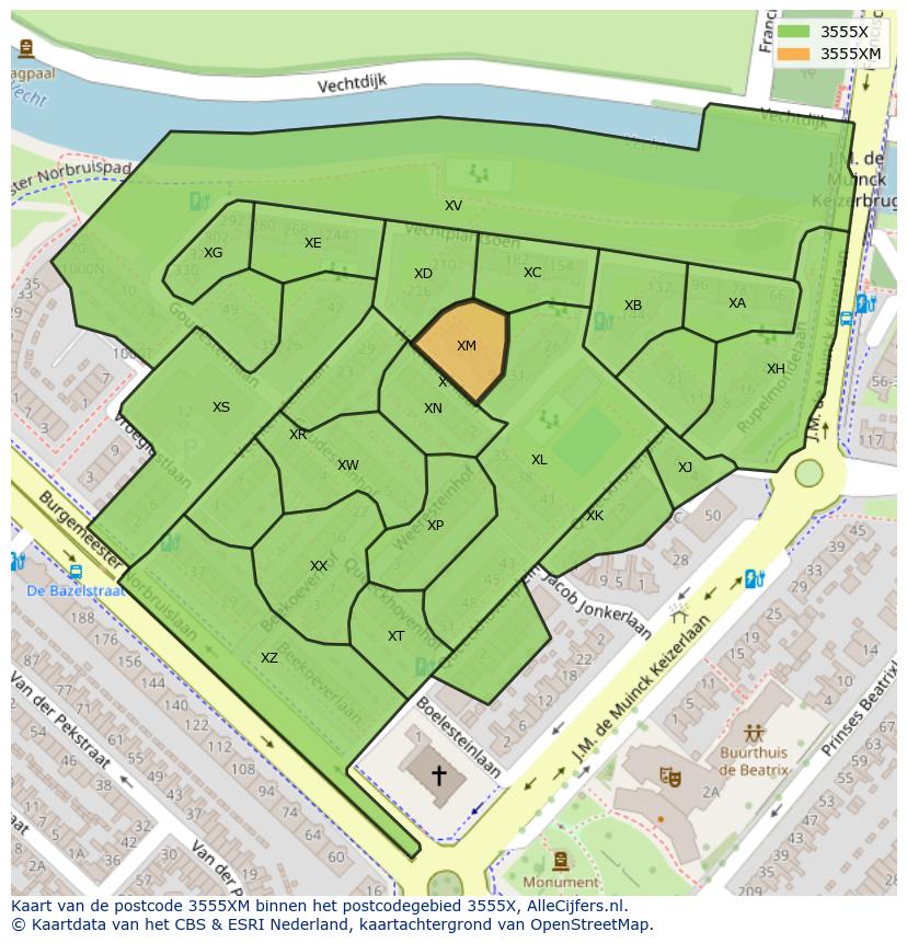Afbeelding van het postcodegebied 3555 XM op de kaart.