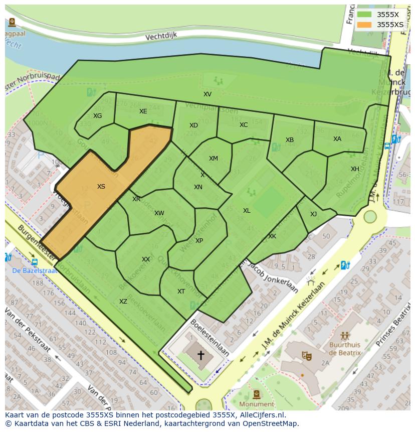 Afbeelding van het postcodegebied 3555 XS op de kaart.