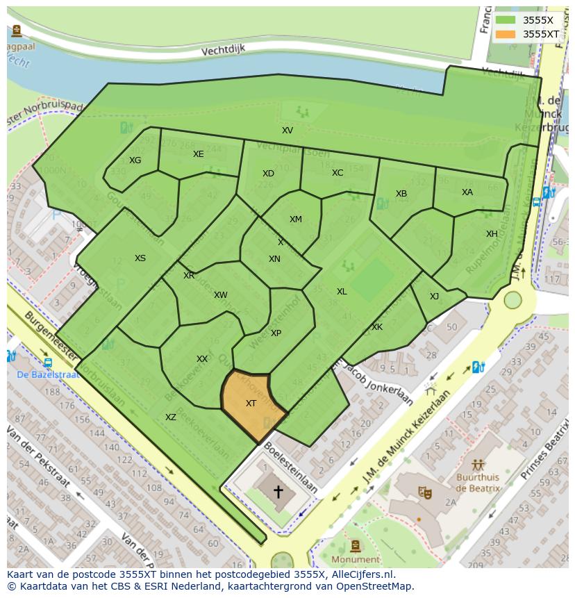 Afbeelding van het postcodegebied 3555 XT op de kaart.