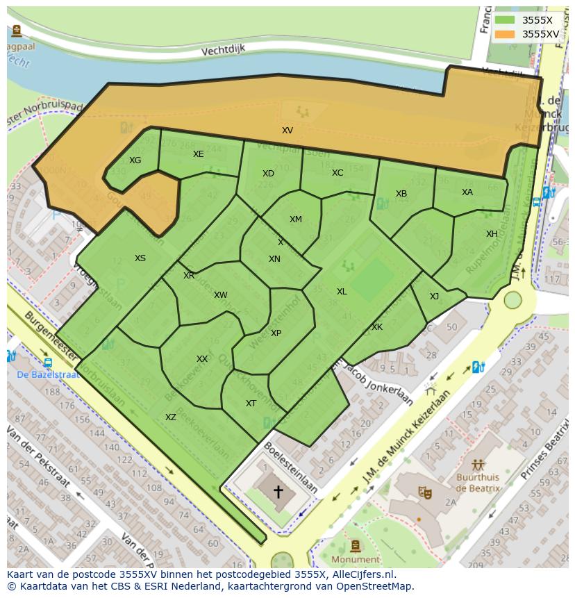 Afbeelding van het postcodegebied 3555 XV op de kaart.