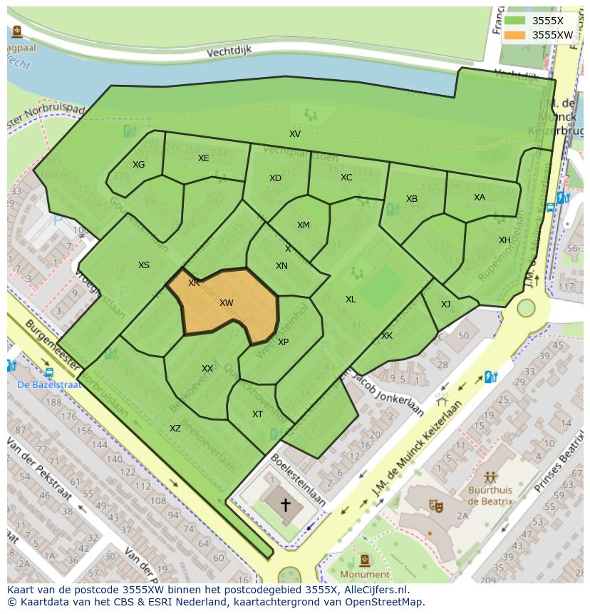 Afbeelding van het postcodegebied 3555 XW op de kaart.