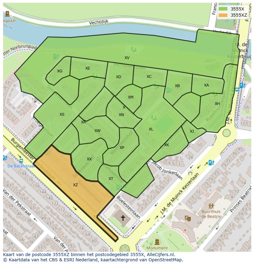 Afbeelding van het postcodegebied 3555 XZ op de kaart.