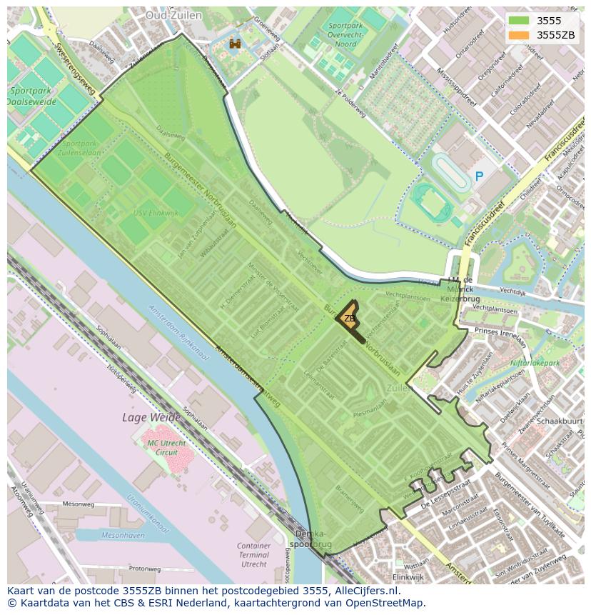 Afbeelding van het postcodegebied 3555 ZB op de kaart.