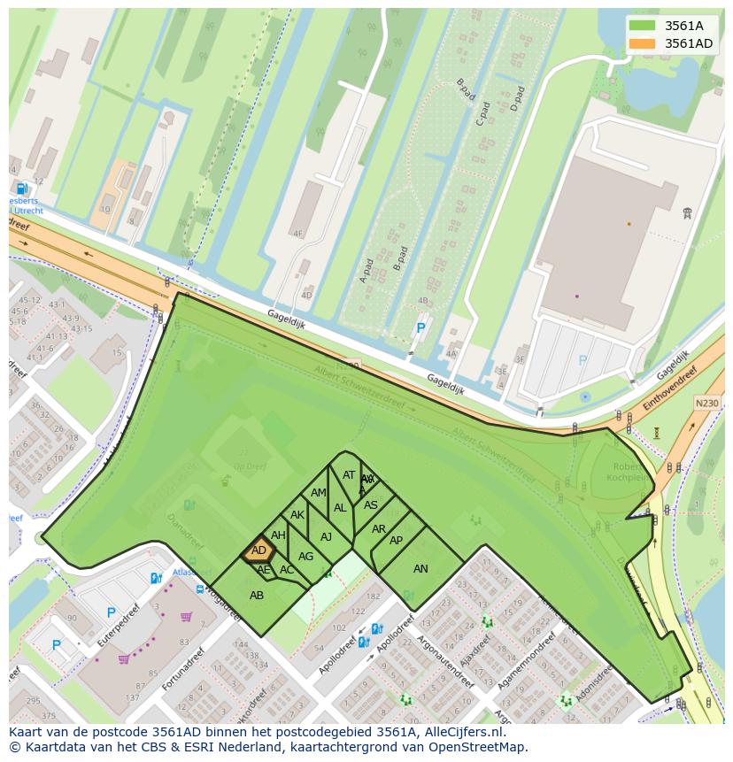 Afbeelding van het postcodegebied 3561 AD op de kaart.