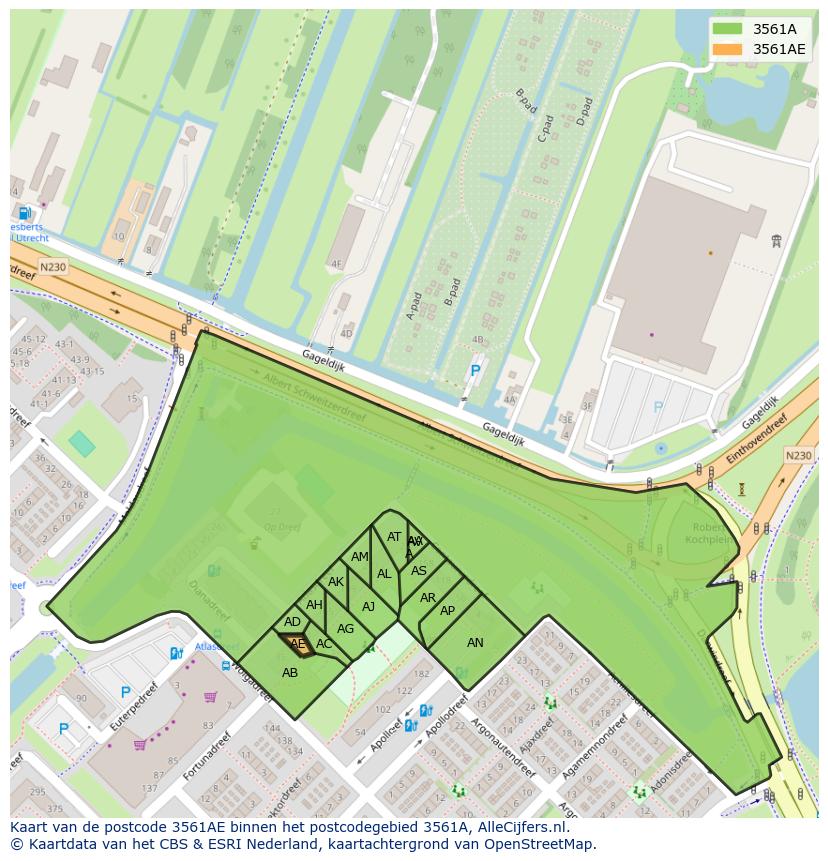 Afbeelding van het postcodegebied 3561 AE op de kaart.