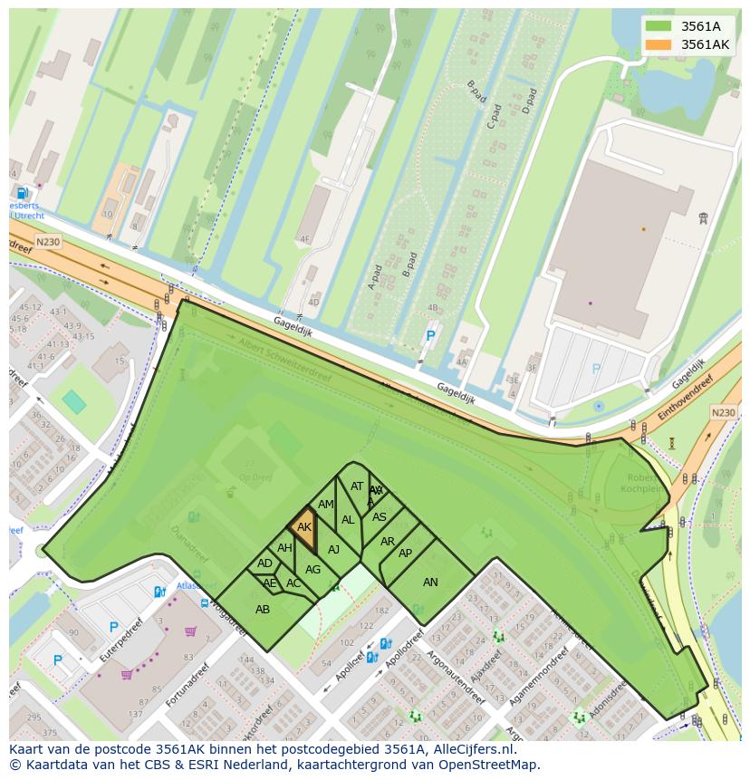 Afbeelding van het postcodegebied 3561 AK op de kaart.