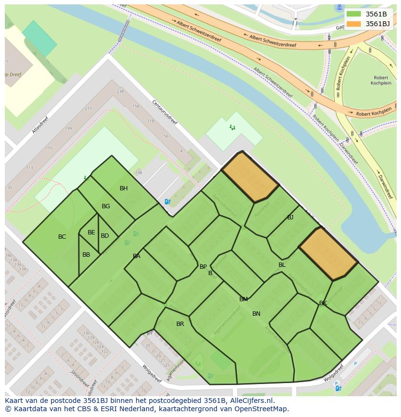 Afbeelding van het postcodegebied 3561 BJ op de kaart.