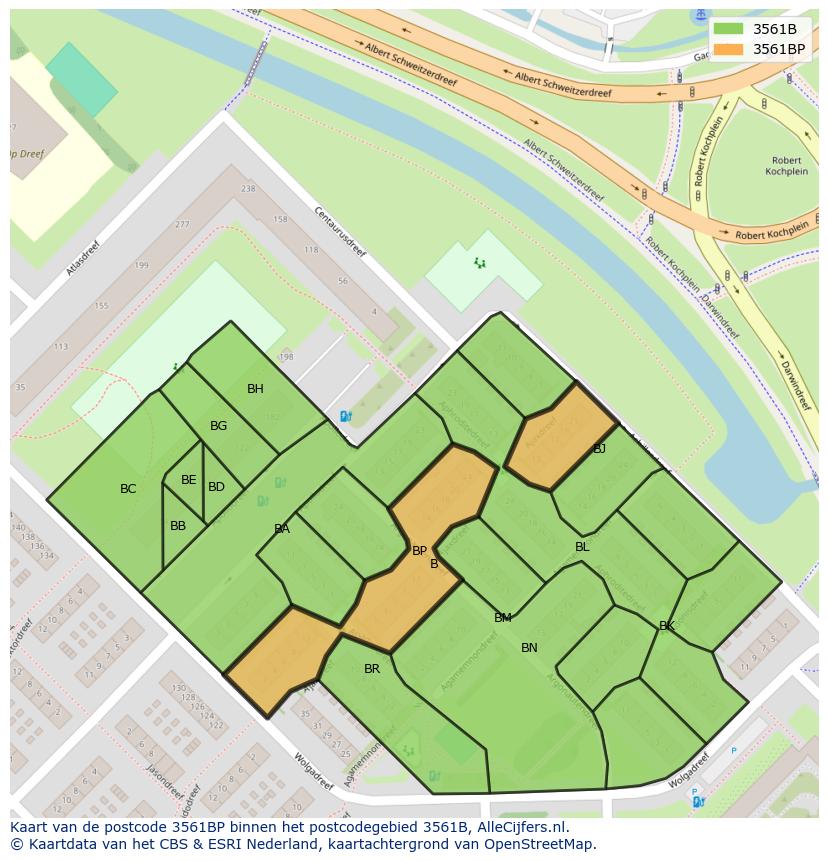 Afbeelding van het postcodegebied 3561 BP op de kaart.