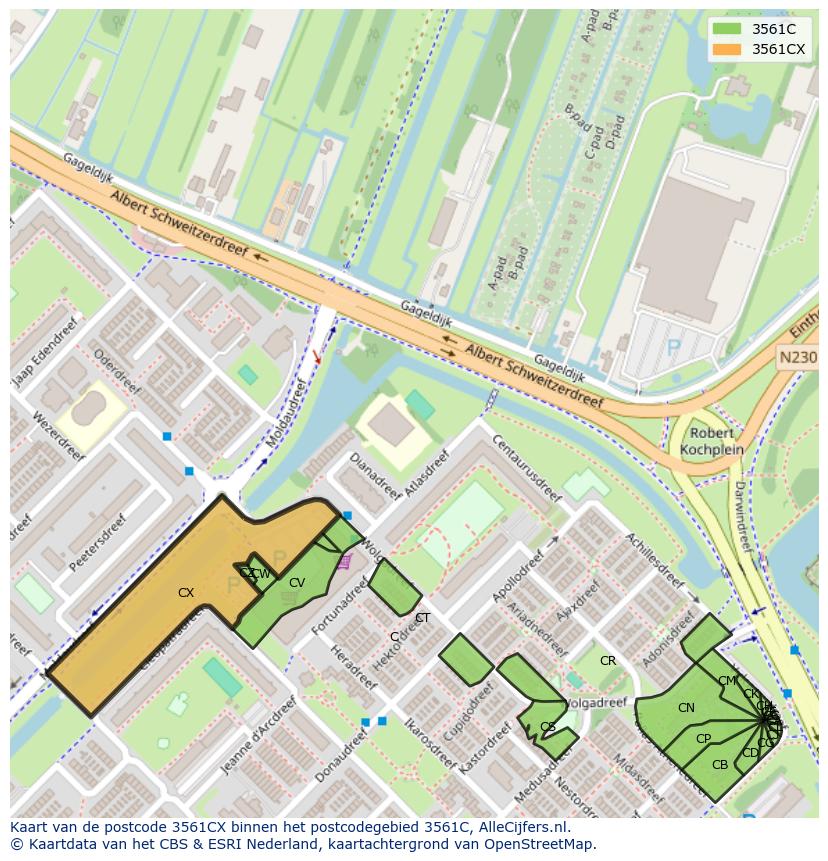 Afbeelding van het postcodegebied 3561 CX op de kaart.