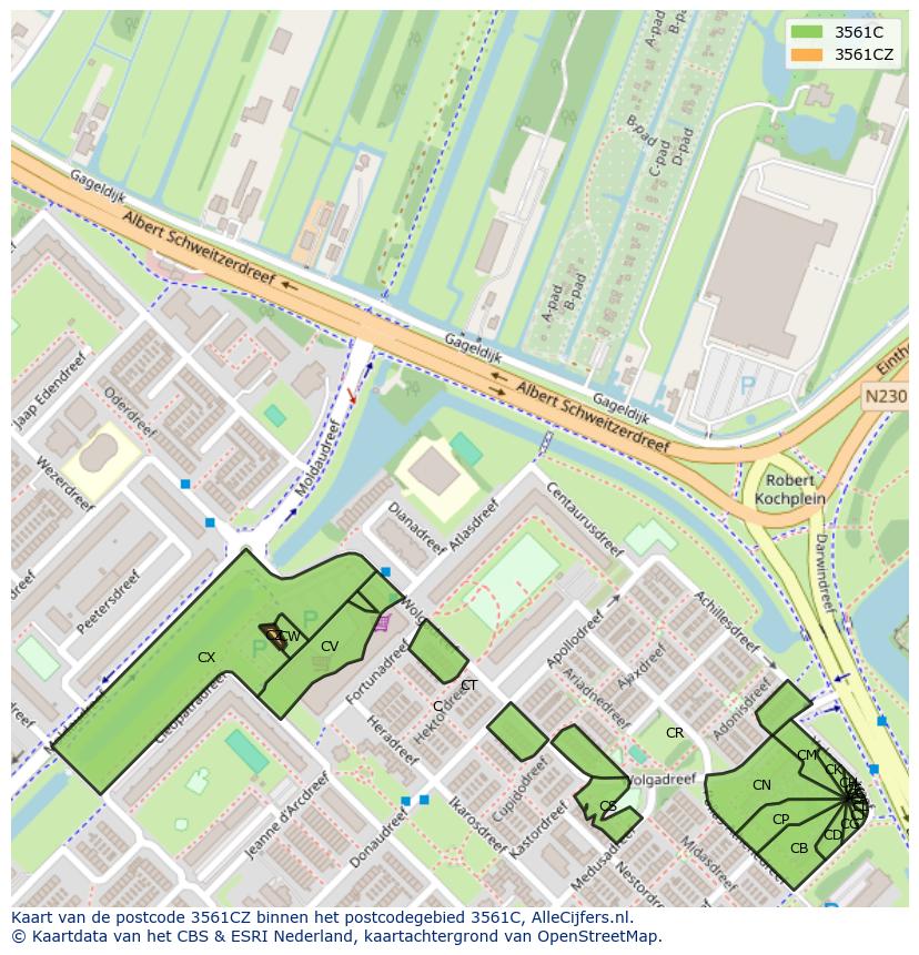 Afbeelding van het postcodegebied 3561 CZ op de kaart.