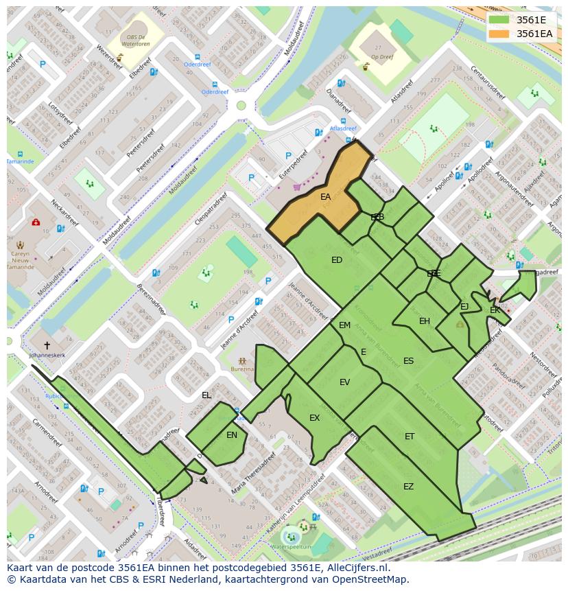 Afbeelding van het postcodegebied 3561 EA op de kaart.