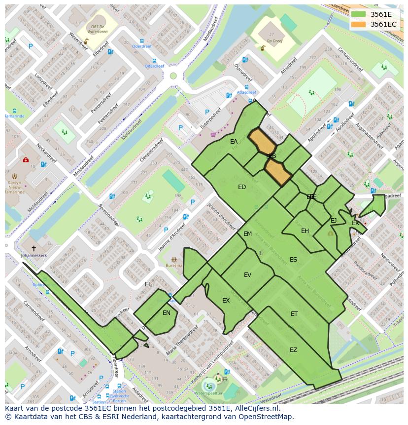 Afbeelding van het postcodegebied 3561 EC op de kaart.