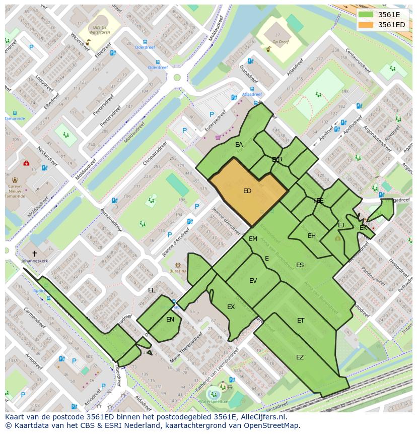 Afbeelding van het postcodegebied 3561 ED op de kaart.