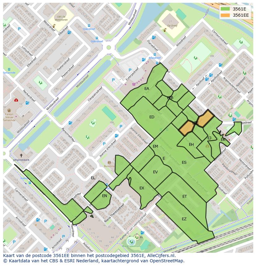 Afbeelding van het postcodegebied 3561 EE op de kaart.