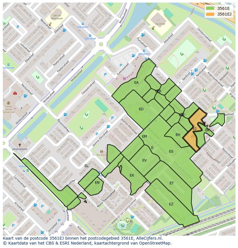 Afbeelding van het postcodegebied 3561 EJ op de kaart.