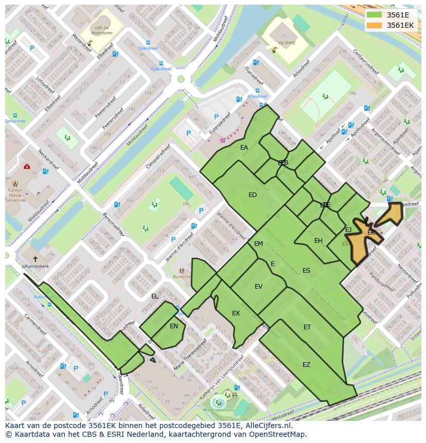 Afbeelding van het postcodegebied 3561 EK op de kaart.