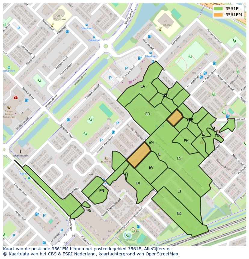 Afbeelding van het postcodegebied 3561 EM op de kaart.