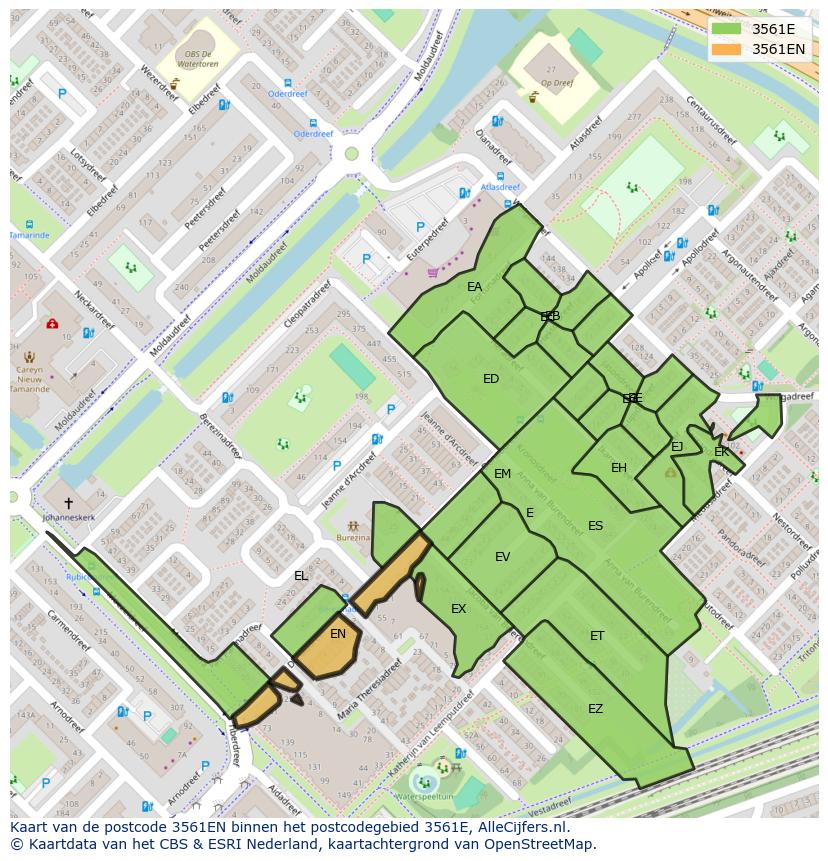 Afbeelding van het postcodegebied 3561 EN op de kaart.