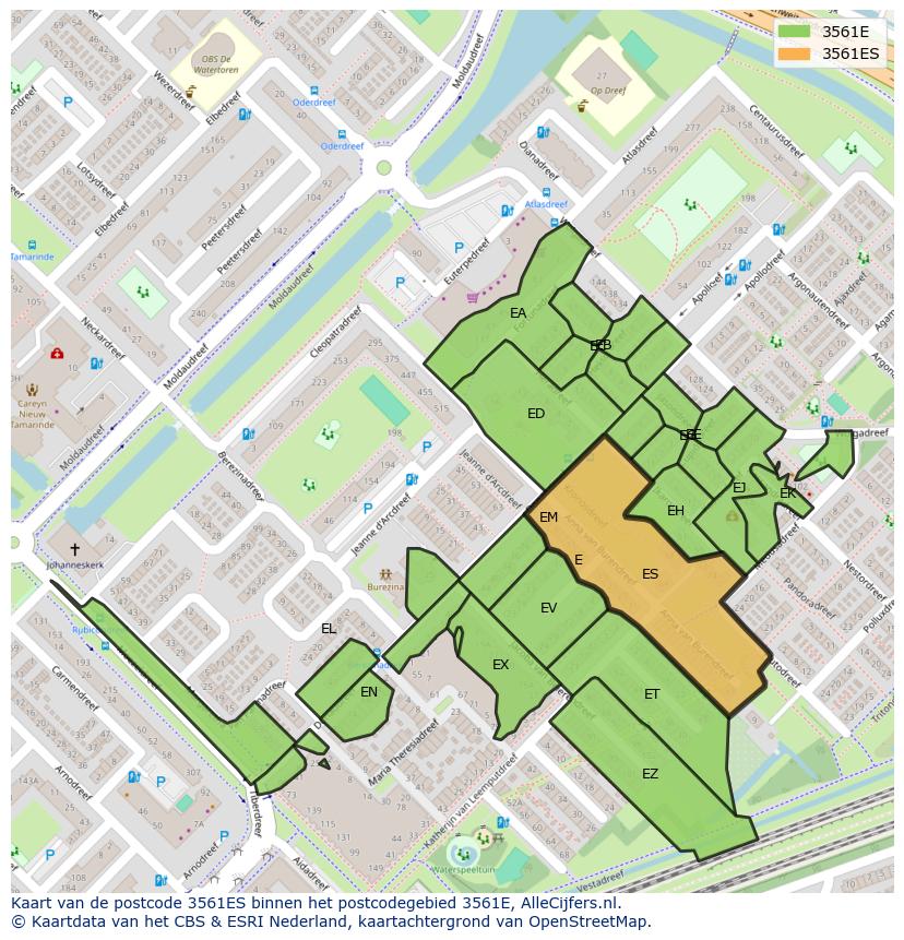 Afbeelding van het postcodegebied 3561 ES op de kaart.