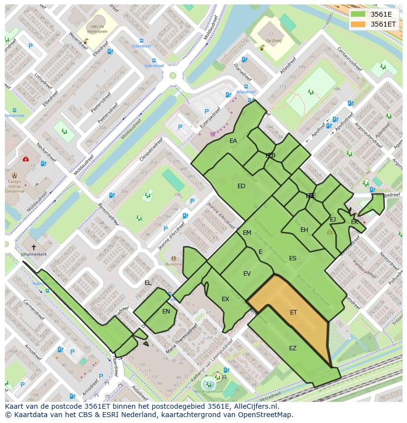 Afbeelding van het postcodegebied 3561 ET op de kaart.