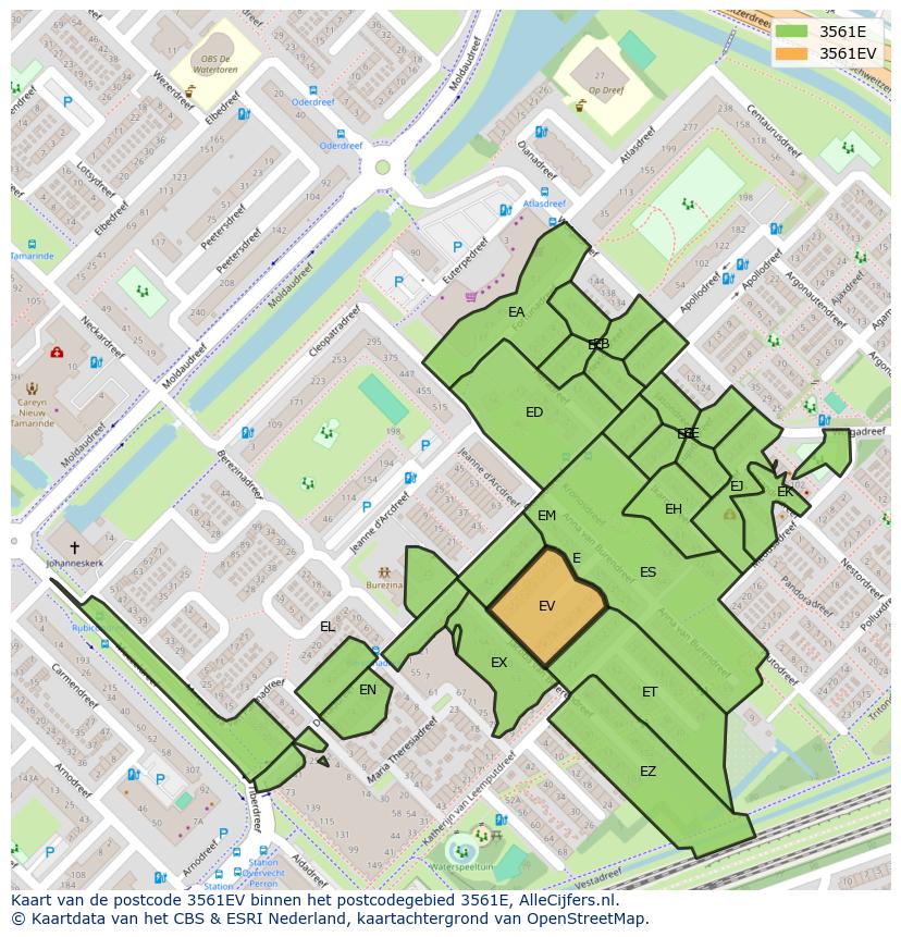 Afbeelding van het postcodegebied 3561 EV op de kaart.
