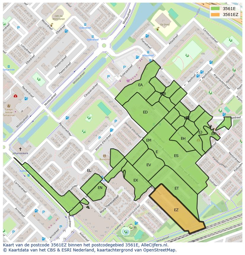 Afbeelding van het postcodegebied 3561 EZ op de kaart.