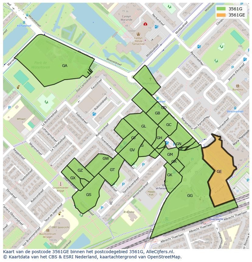 Afbeelding van het postcodegebied 3561 GE op de kaart.