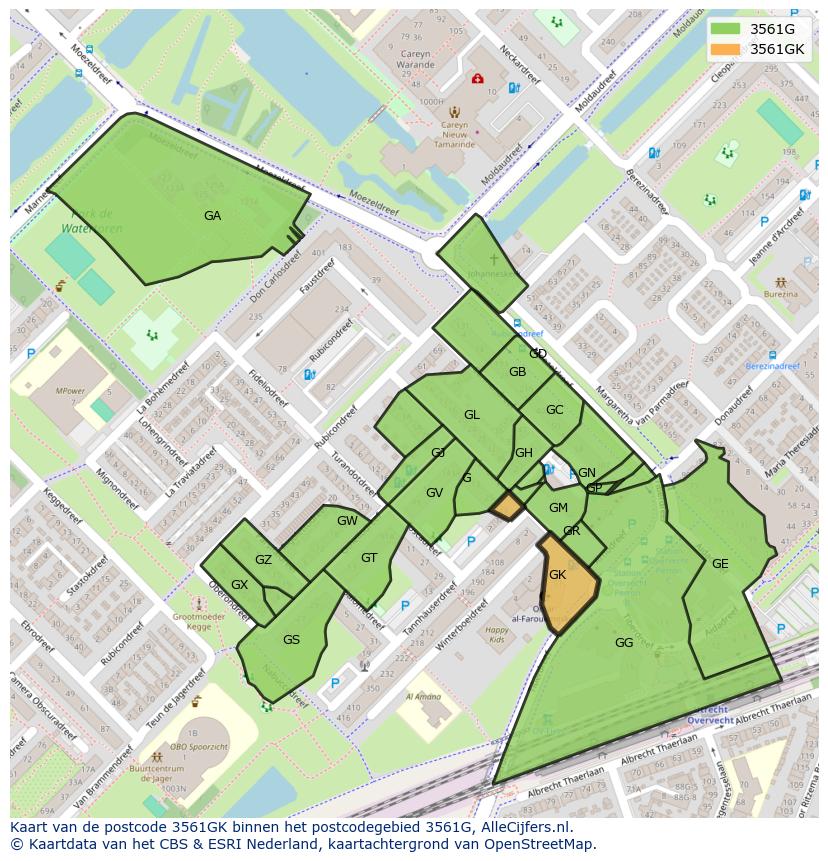 Afbeelding van het postcodegebied 3561 GK op de kaart.