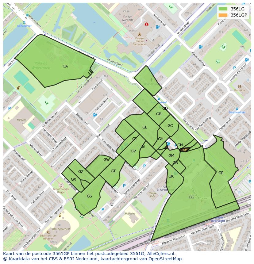 Afbeelding van het postcodegebied 3561 GP op de kaart.